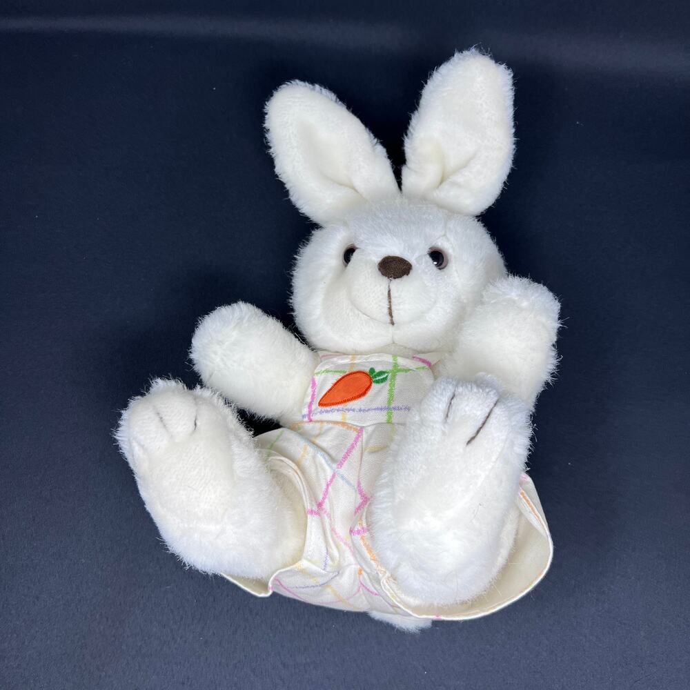 Mary Meyer Vintage White Bunny Rabbit Plush Checked Stripe Carrots Overalls